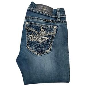 Miss Me Sequin Layered Cross Mid-Rise Easy Skinny Jeans